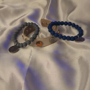 Rustic Cuff USA Leather Cuff & Blue Beaded Bracelets Set